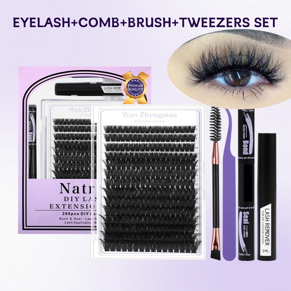 Eyelash Extension Look - 8-18mmの長さのつけまつげ、接着剤とシーラー付き、自然な見た目DIYまつげエクステキット、ウィスピー風クラスターデザイン、アイメイクツール