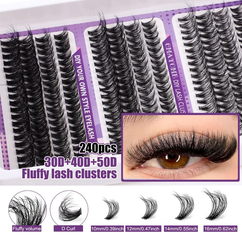 自然な仕上がりのつけまつげ。接着剤とシーラー付き。クラスター - Eyelash Extension Look のレビューと価格